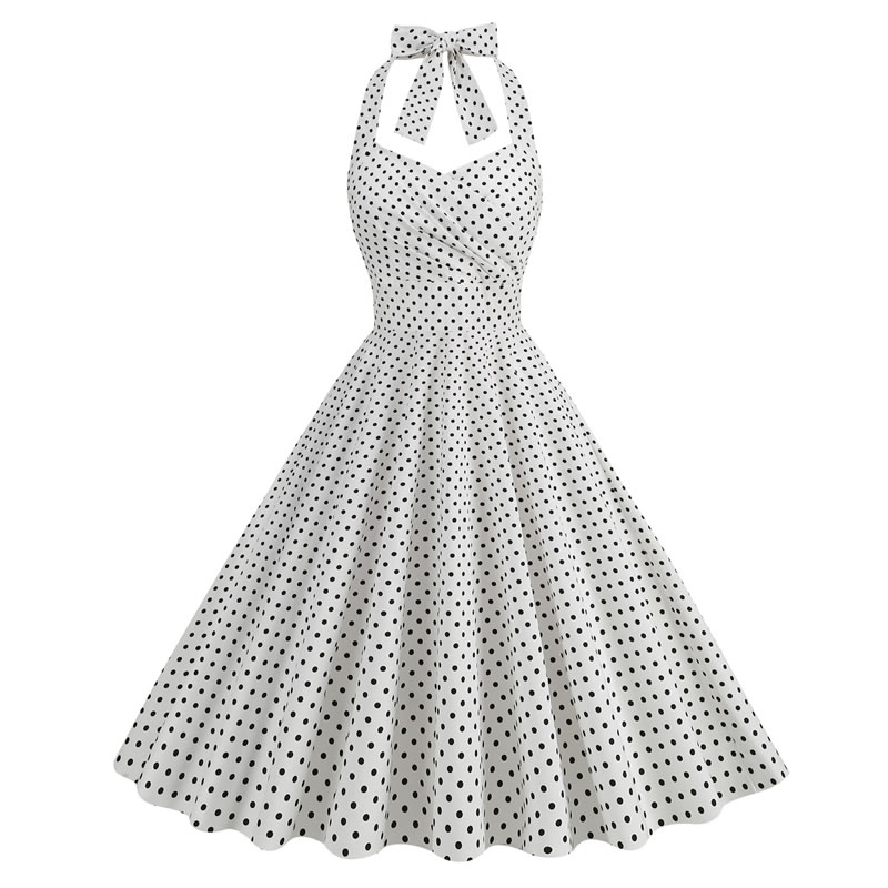 Fashion White Dots Cotton Polka-dot Halterneck Tie Dress