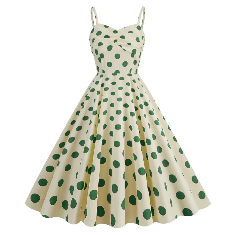 Fashion Apricot Base Green Wave Dots Polyester Polka Dot Narrow Waist Large Swing Suspender Skirt