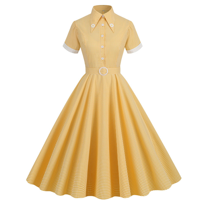 Fashion Yellow Polyester Lapel-breasted Button-waist Dress