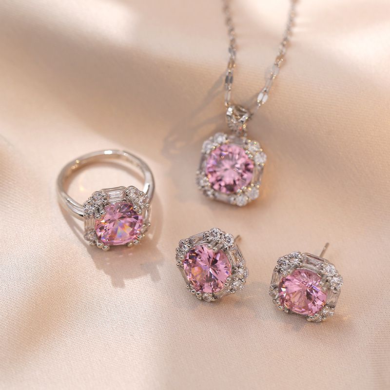 Fashion Set Titanium Square Diamond Necklace Earrings Ring Set