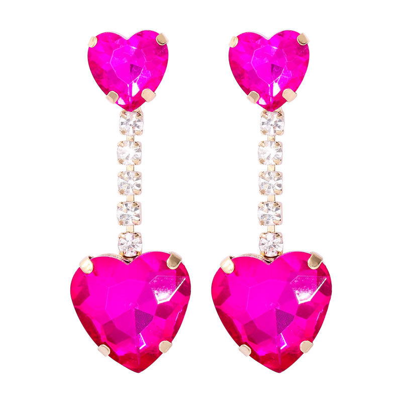 Fashion Rose Red Alloy Diamond Heart Earrings