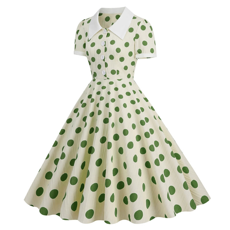 Fashion Green Wave Point Polyester Polka Dot Lapel Dress
