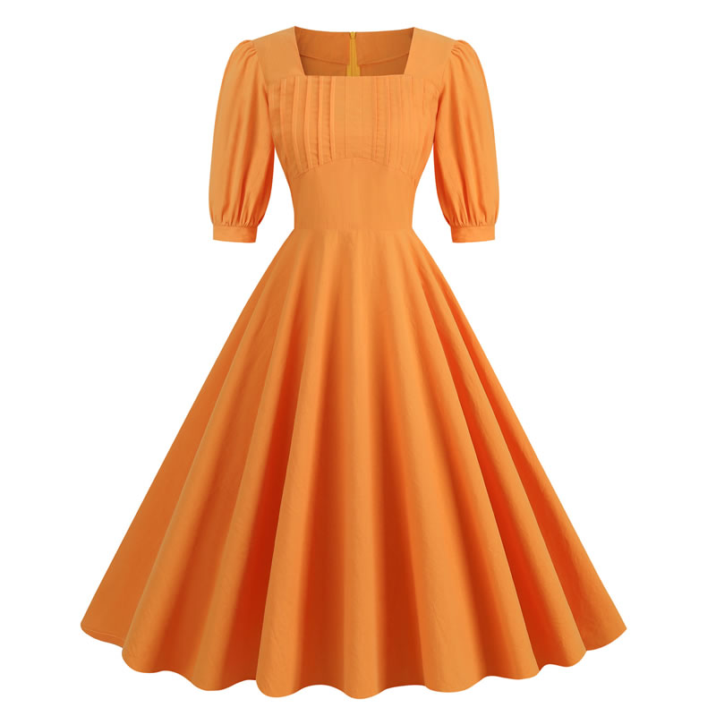 Fashion Orange Cotton Puff Sleeve Square Neck Dress