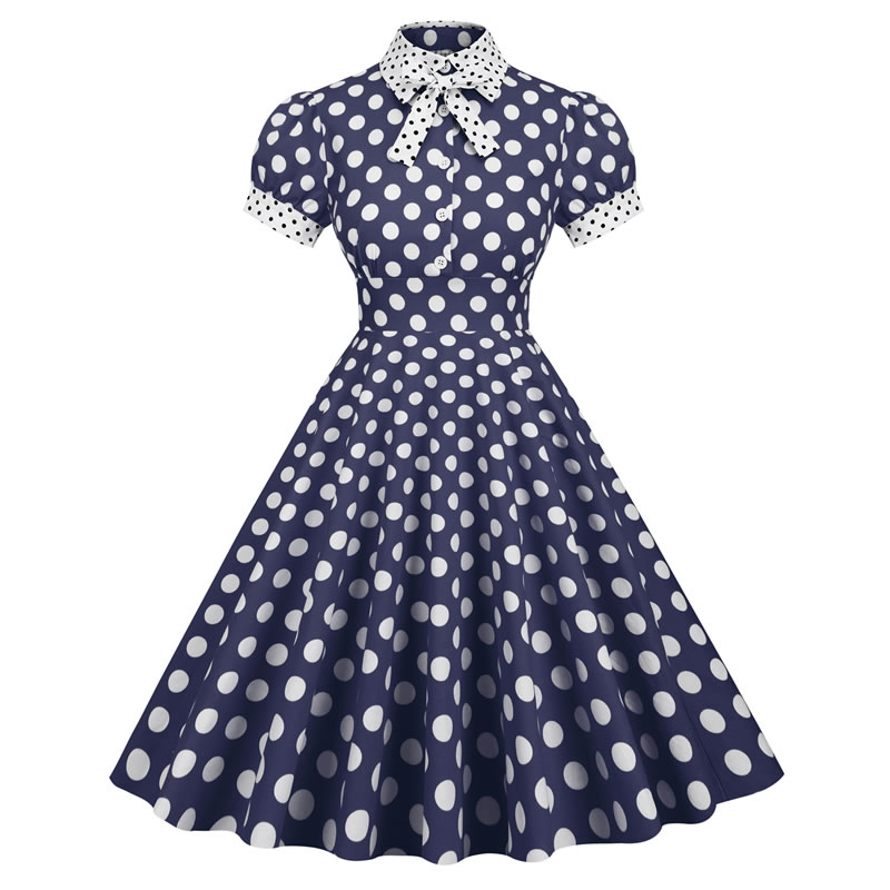 Fashion Navy Blue And White Dots Cotton Polka Dot Lapel Nipped Waist Dress