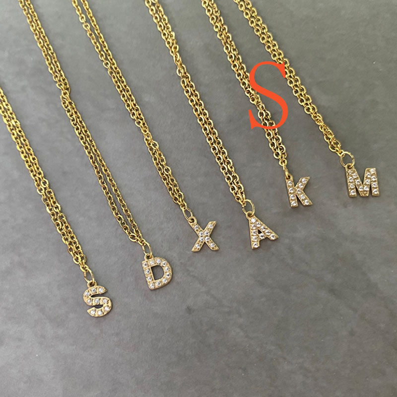 Fashion S Titanium Steel Diamond 26 Alphabet Necklace