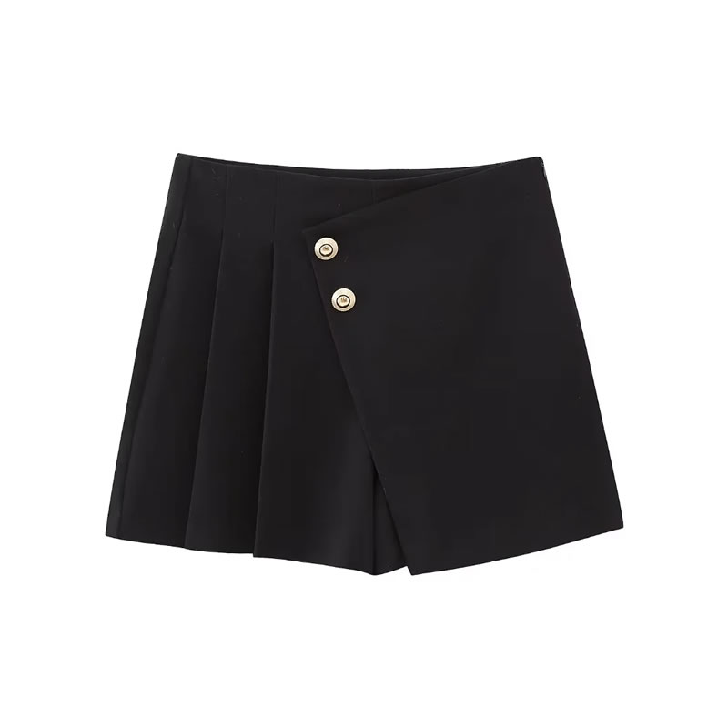 Fashion Black Woven Button-trimmed Pleated Culottes