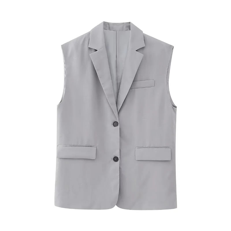 Fashion Grey Woven Lapel Button Breasted Pocket Vest Jacket