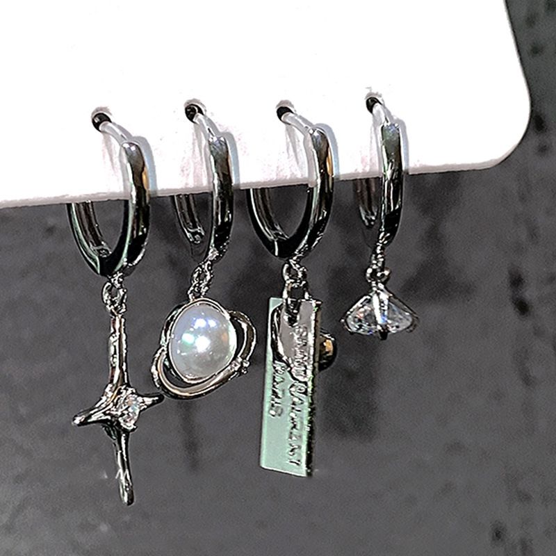 Fashion Silver Copper And Diamond Starburst Pearl Tag Earring Set