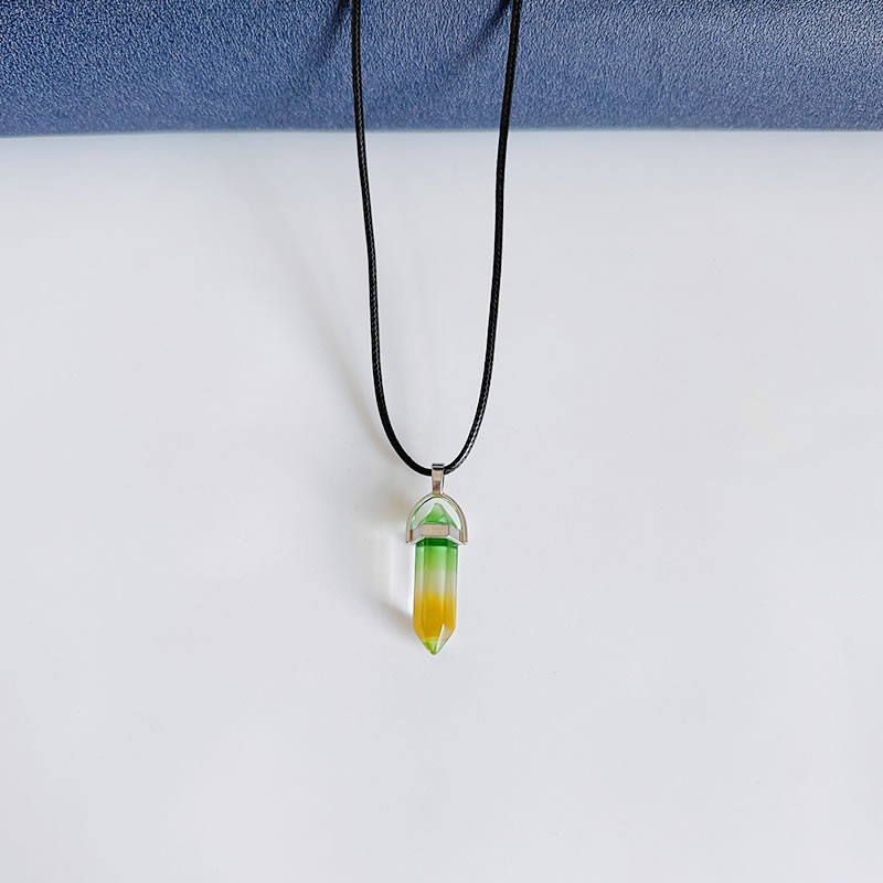 Fashion Green And Yellow Hexagon Leather String Necklace Gradient Glass Hexagon Necklace