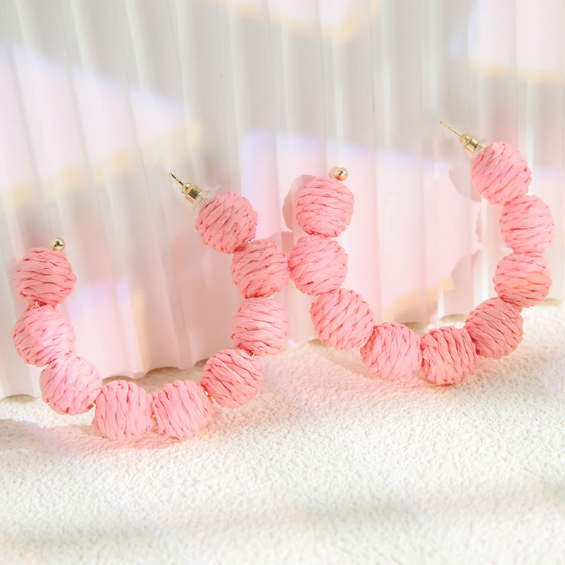 Fashion Pink Ball C-shaped Earrings In Braided Raffia
