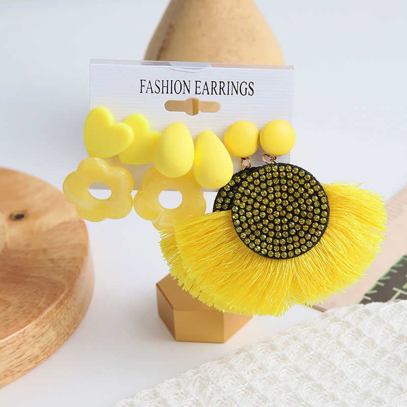 Fashion Yellow Alloy Heart Teardrop Flower Tassel Earrings Set