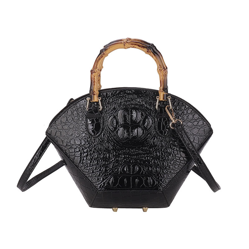 Fashion Black Pu Crocodile Pattern Bamboo Handle Large Capacity Messenger Bag