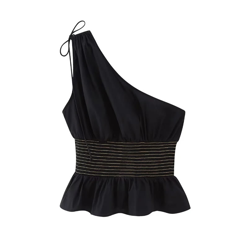Fashion Black Woven One-shoulder Lace Top