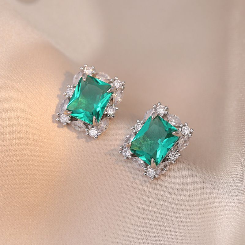 Fashion Emerald 2 Earrings Titanium Steel Diamond Square Stud Earrings