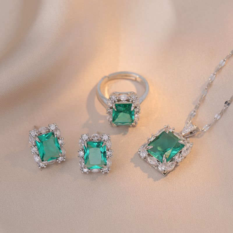 Fashion Emerald 2 Set Titanium Steel Diamond Square Necklace Earrings Stud Ring Set