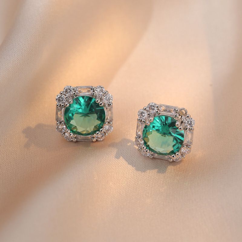 Fashion Emerald Earrings Titanium Steel Diamond Square Stud Earrings