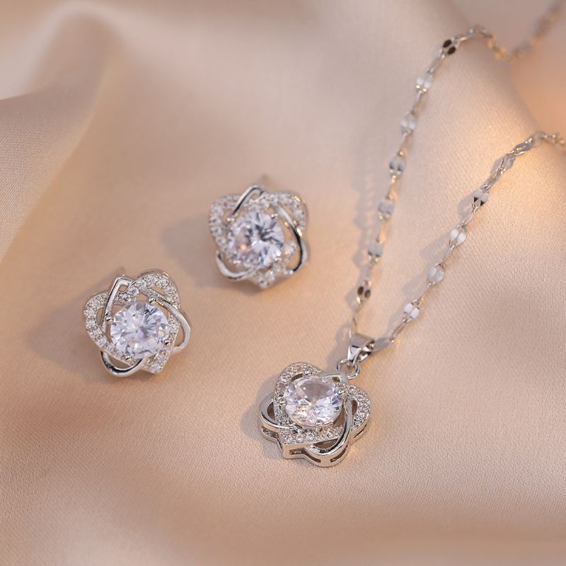 Fashion Steel Color 2 Set Titanium Steel Diamond Heart Necklace Earrings Set