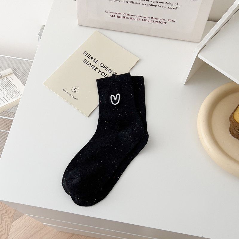 Fashion Black Cotton Heart Embroidered Socks