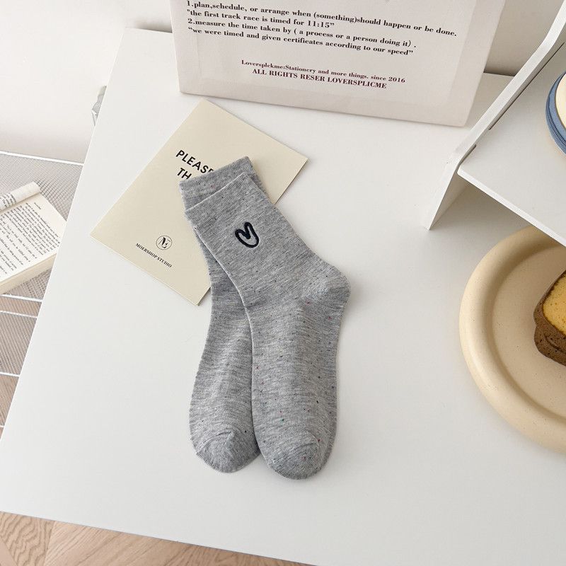 Fashion Grey Cotton Heart Embroidered Socks