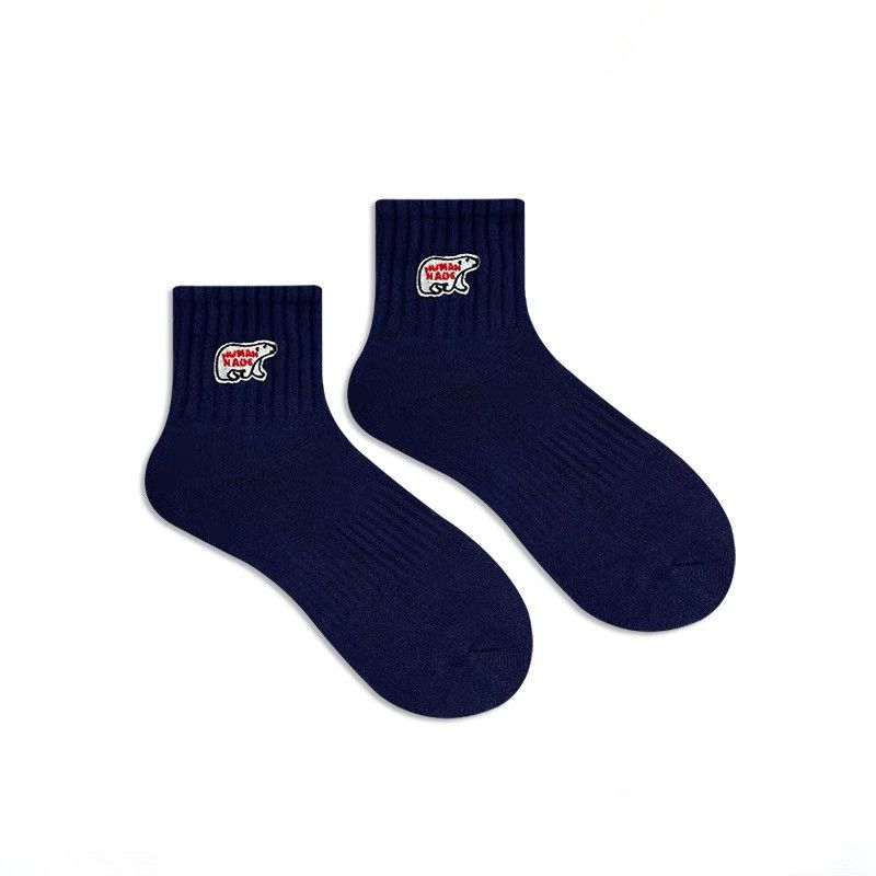 Fashion Navy Blue Cotton Polar Bear Embroidered Socks