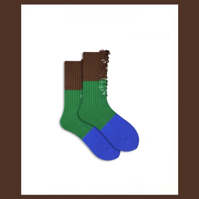 Fashion Brownish Blue (thick) Color Matching Ripped Holes Contrast Color Pile Socks