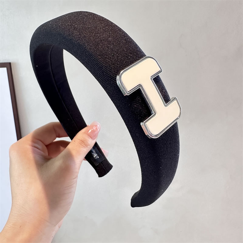 Fashion Black Fabric Geometric Alphabet Wide Brim Headband