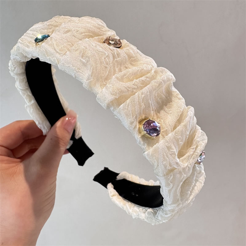 Fashion White Mesh Rhinestone Pleated Wide-brimmed Headband