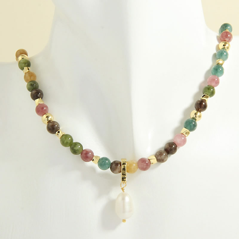 Fashion Tourmaline Stone Pearl Pendant Multicolored Tourmaline Beaded Pearl Necklace