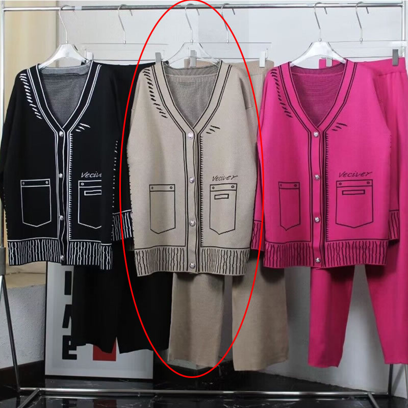 Fashion Khaki Acrylic Knit Long Sleeve Sweater Pants Set