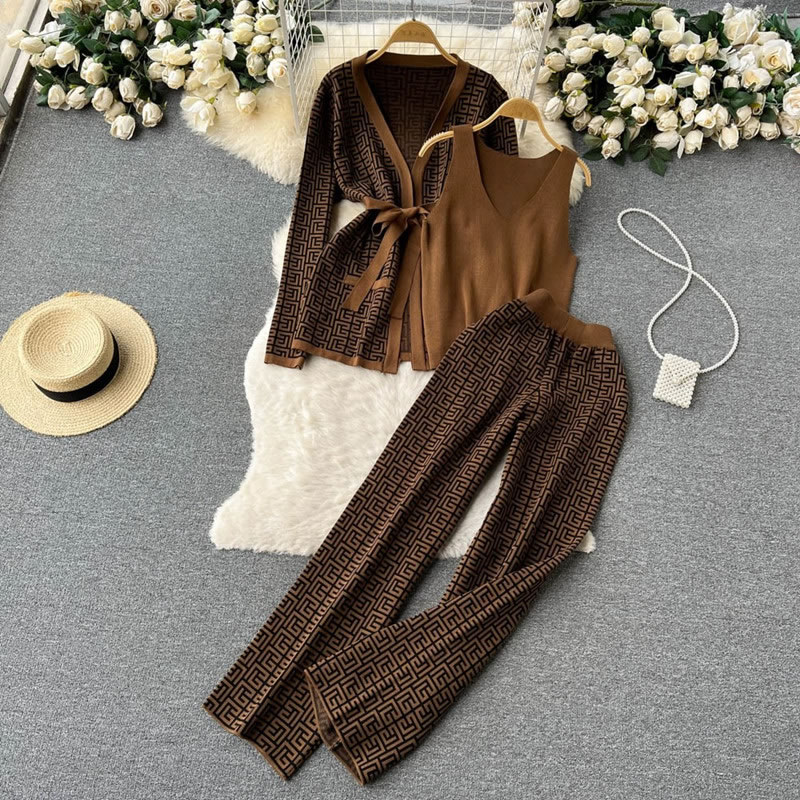 Fashion Brown Acrylic Printed Lace-up Cardigan Straight Leg Trousers Vest Three-piece Set