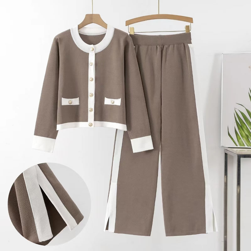 Fashion Brown Two-piece Color-block Knitted Cardigan With Slit Wide-leg Trousers