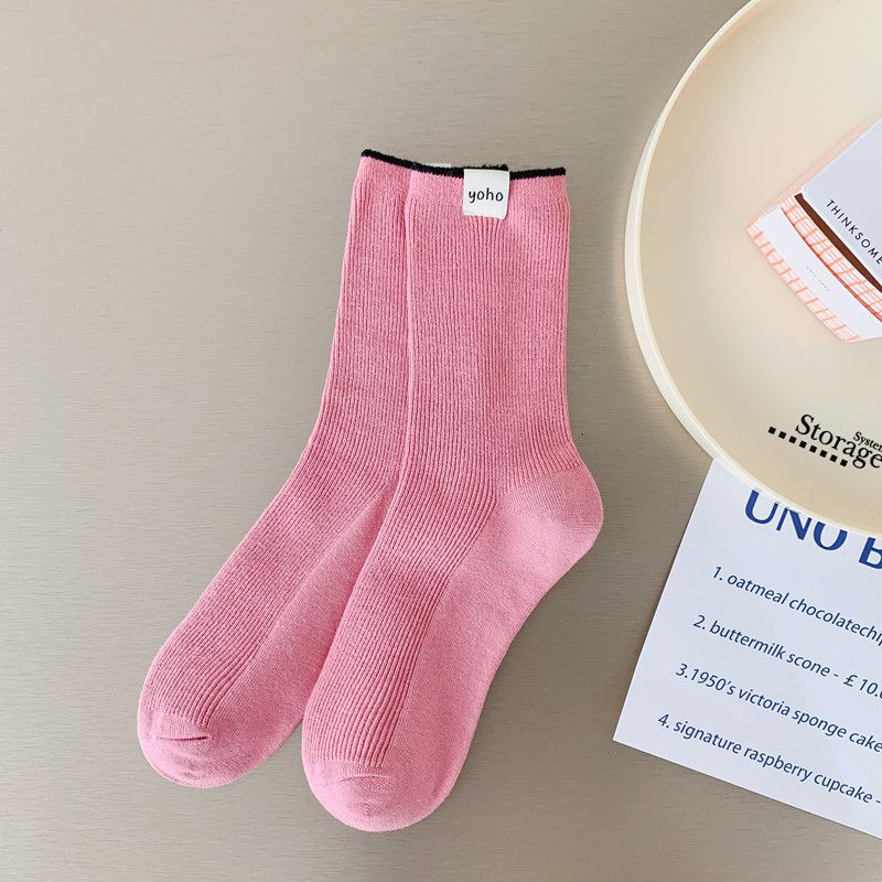 Fashion Pink Contrasting Color Cloth Label Stacked Socks Mid-calf Socks