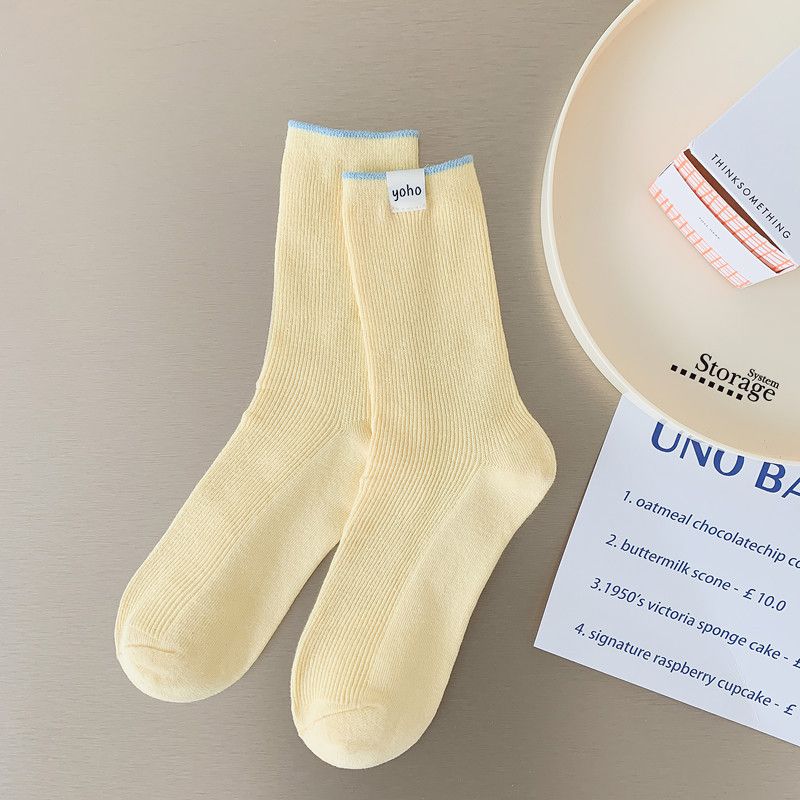 Fashion Yellow Contrasting Color Cloth Label Stacked Socks Mid-calf Socks