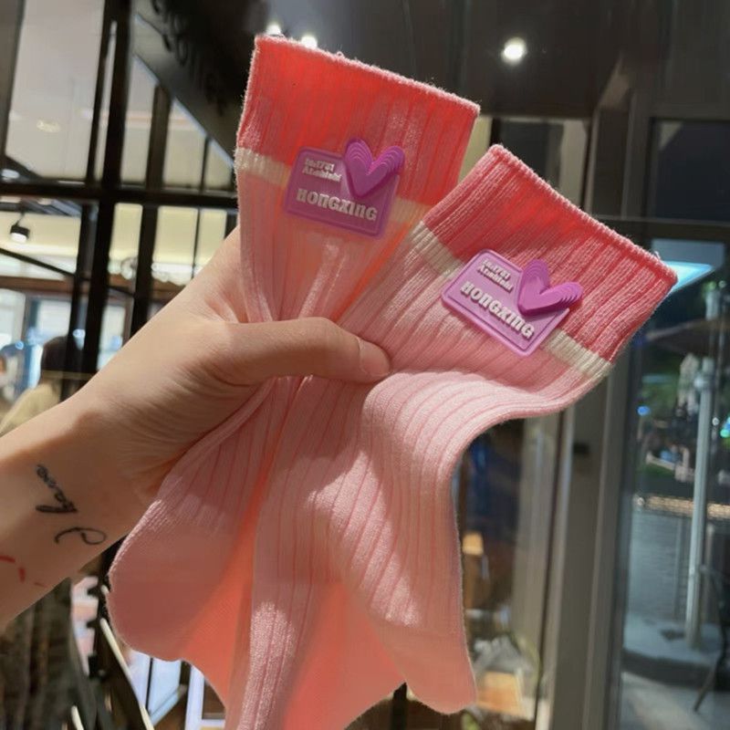 Fashion Pink Cotton Heart Letter Label Socks