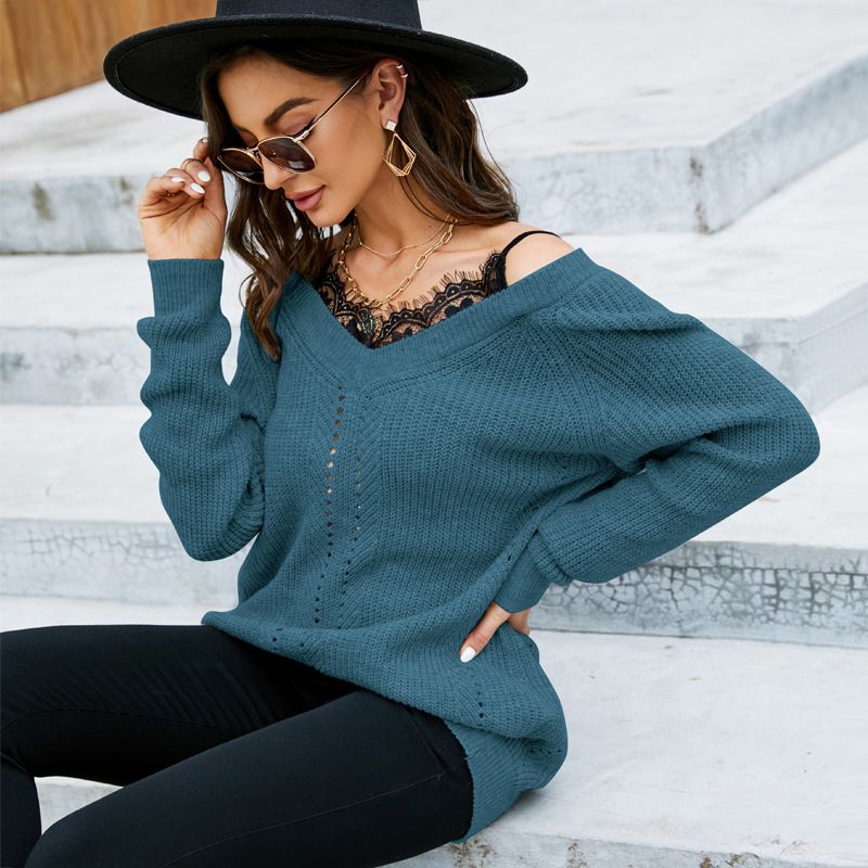 Fashion Green V Neck Sweater Lace Panel Pullover V-neck Sweater