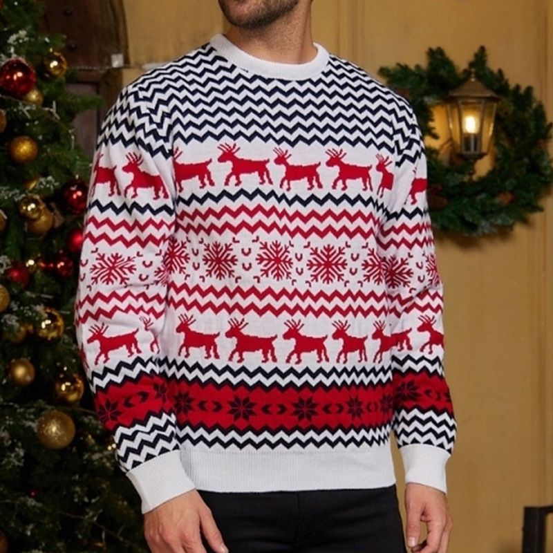 Fashion White Christmas Sweater (male) Acrylic Christmas Print Knit Sweater