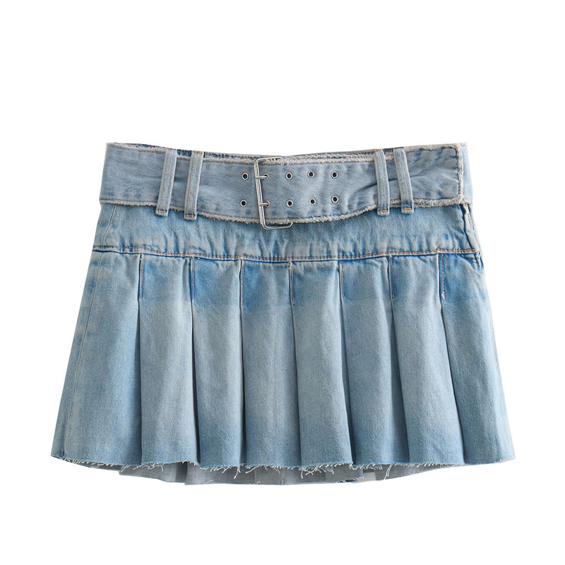 Fashion Blue Denim Pleated Belt Skirt