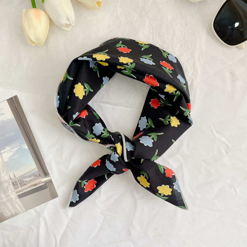 Fashion Red And Yellow Flower Black Bottom - Cotton And Linen Square Scarf Imitation Silk Printed Scarf