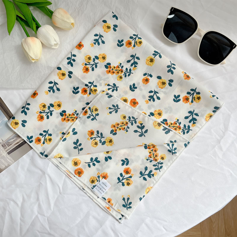 Fashion Orange Hibiscus Blossom White-cotton Linen Square Scarf Imitation Silk Printed Scarf