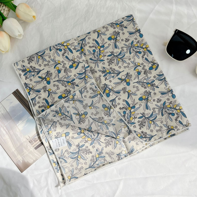 Fashion Blue Fruit White Bottom - Cotton Linen Square Scarf Imitation Silk Printed Scarf