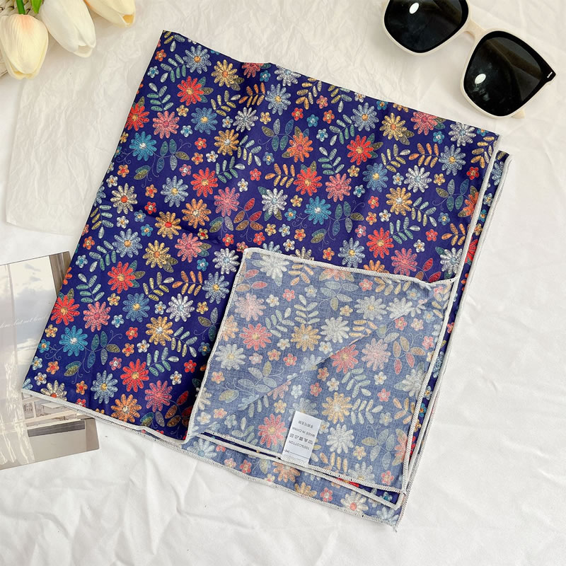 Fashion Deep Purple Floral - Cotton Linen Square Scarf Imitation Silk Printed Scarf
