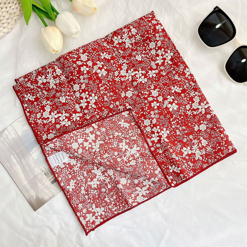 Fashion Red And White Leaves - Cotton Linen Square Scarf Imitation Silk Printed Scarf