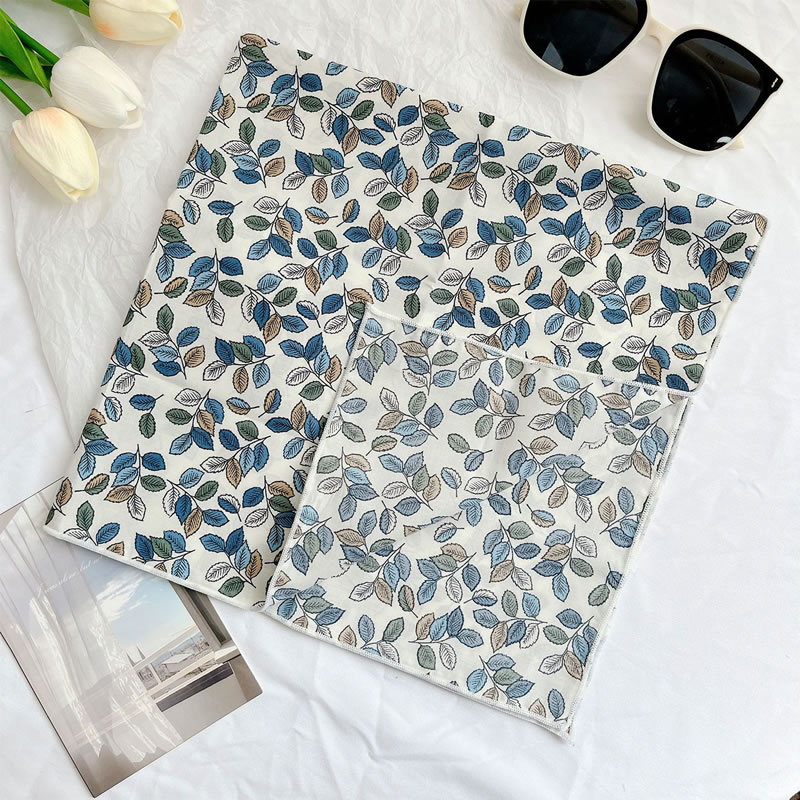 Fashion Blue Leaves White - Cotton Linen Square Scarf Imitation Silk Printed Scarf