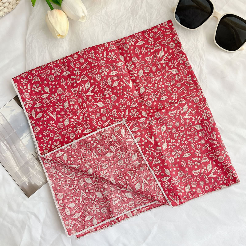 Fashion Floral Leaf Red-cotton Linen Square Scarf Imitation Silk Printed Scarf