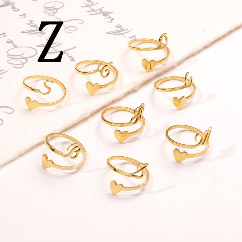 Fashion Golden Z Stainless Steel Heart 26 Letter Open Ring