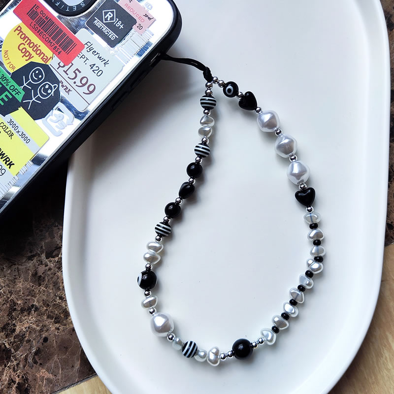 Fashion Black And White Geometric Shaped Pearl Stripe Bead Beaded Phone Chain