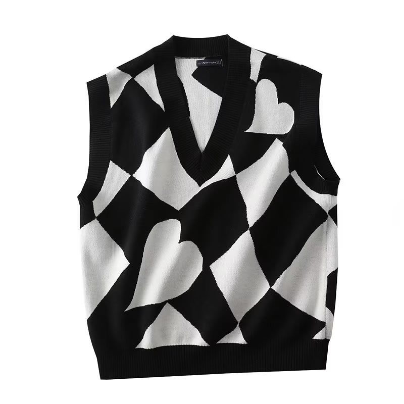 Fashion Black And White Geometric Jacquard V-neck Vest