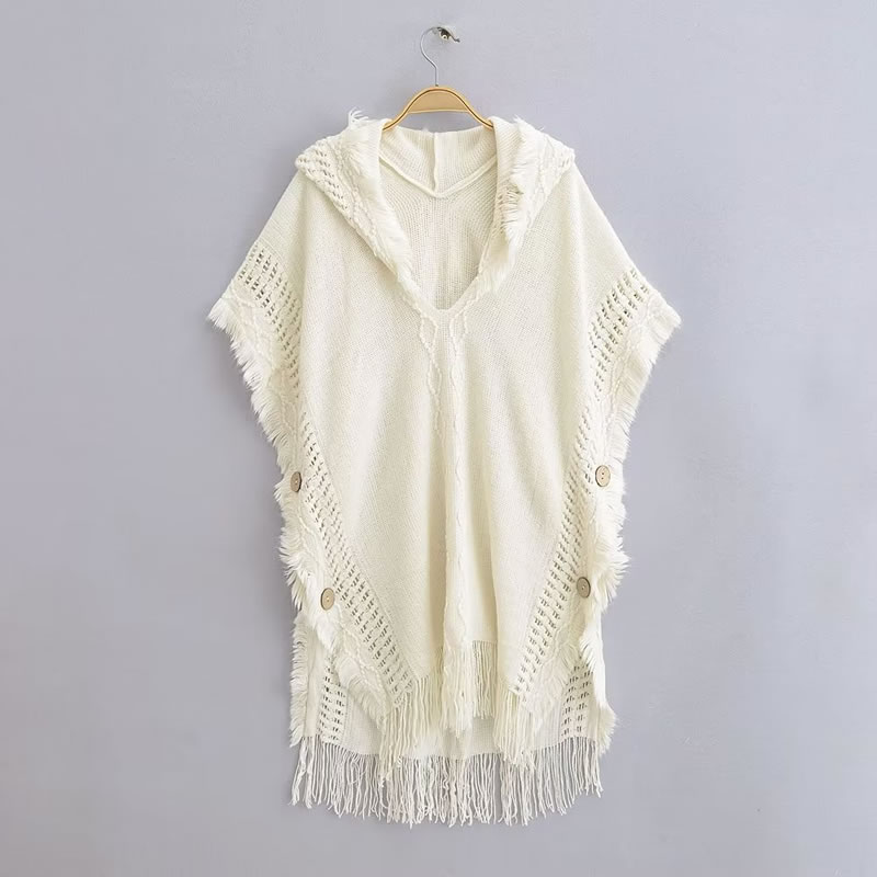 Fashion White Hooded Solid Knit Tassel Shawl