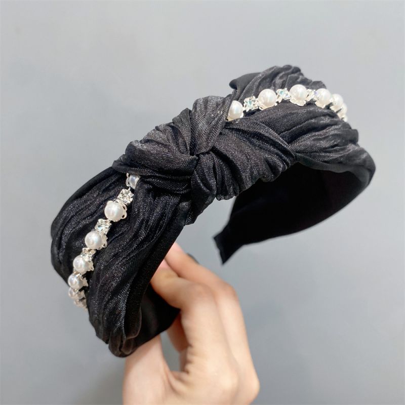 Fashion Knotted Pearl Black Fabric Diamond And Pearl Knotted Wide-brimmed Headband