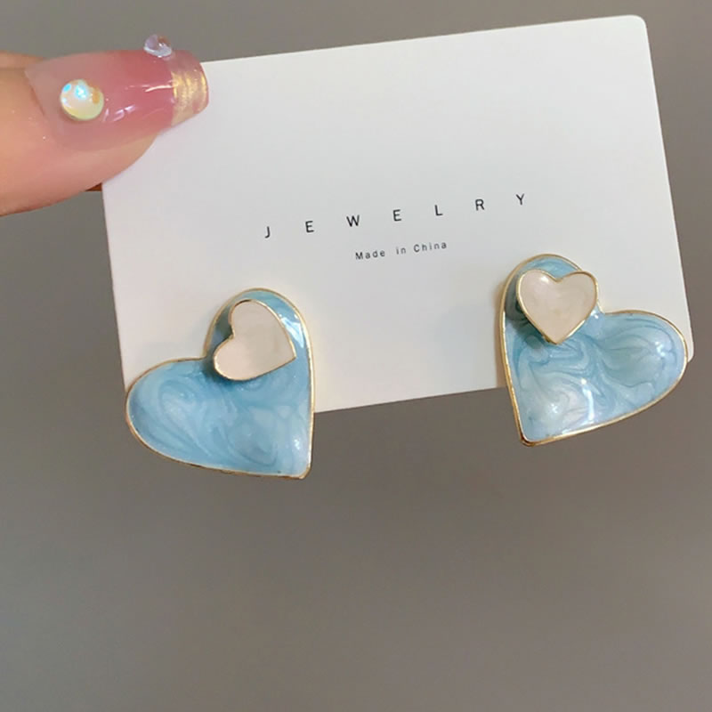 Fashion Blue Alloy Geometric Heart Stud Earrings